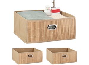 4052025422004 - Relaxdays - 3 x Aufbewahrungskorb Bambus Badkörbchen quadratisch Stoff Regalkorb flach h x b x t 14 x 31 x 31 cm faltbar natur