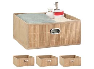 4052025422011 - Relaxdays - 4 x Aufbewahrungskorb Bambus Badkörbchen quadratisch Stoff Regalkorb flach h x b x t 14 x 31 x 31 cm faltbar natur