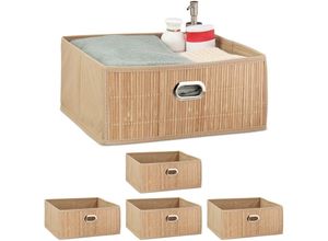 4052025422028 - Relaxdays - 5 x Aufbewahrungskorb Bambus Badkörbchen quadratisch Stoff Regalkorb flach h x b x t 14 x 31 x 31 cm faltbar natur