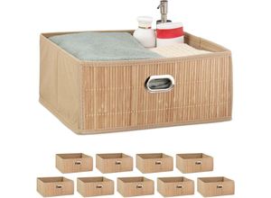 4052025422035 - Relaxdays - 10 x Aufbewahrungskorb Bambus Badkörbchen quadratisch Stoff Regalkorb flach h x b x t 14 x 31 x 31 cm faltbar natur