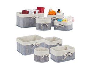 4052025422455 - Relaxdays - 8 tlg Aufbewahrungskorb Set Bambus & Stoffüberzug 4 Größen Korb für Schrank & Regal Kosmetik & Handtücher grau