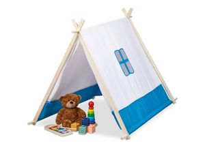 4052025423230 - Spielzelt für Kinder flach mit Fenster & Tür hbt 92 x 86 x 120 cm Wigwam Kinderzelt Indoor blau weiß - Relaxdays