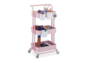 4052025425135 - Rollwagen 3 Etagen 2 Bremsen Allzweckwagen für Küche und Büro Rollregal hbt 86x38x39 cm Metall rosa - Relaxdays