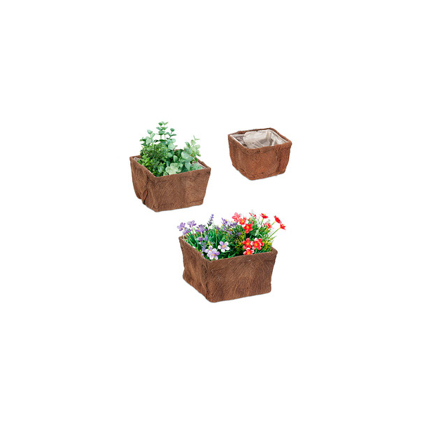 4052025425814 - Blumentopf 3er Set Kokosfaser quadratisch 3 Größen Garten Balkon & Fensterbank Übertopf mit Folie natur - Relaxdays