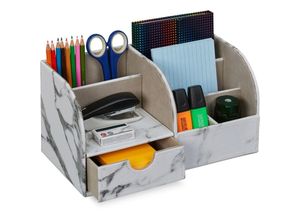 4052025427283 - Schreibtisch Organizer Schublade & 6 Fächer Marmoroptik hbt 145 x 28 x 145 cm Büroorganizer weiß grau - Relaxdays