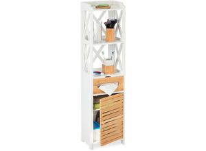 4052025428402 - Badezimmerschrank mit 5 Ablagen & Klappfach 122 x 31 x 255 cm mdf & Bambus schmales Badregal weiß natur - Relaxdays