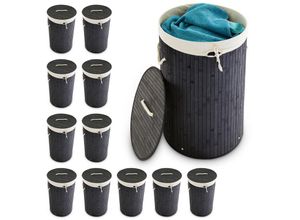 4052025428624 - Relaxdays - 12 x Wäschekorb Bambus faltbare Wäschetonne mit Deckel Volumen 70 Liter Wäschesack Baumwolle rund ø 41 cm schwarz