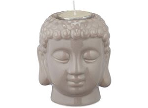 4052025431044 - Relaxdays - Buddha Teelichthalter Keramik Buddha-Kopf für Teelicht Zen-Deko für Wohnzimmer & Bad Feng Shui Deko grau