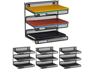 4052025434656 - Relaxdays - 4 x Briefablage Metall 3 Fächer zum Beschriften A4 Büro & Arbeitszimmer Wandmontage hbt 32 x 33 x 25 cm schwarz