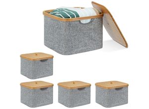 4052025438937 - Relaxdays - 5 x Aufbewahrungskorb Stoff Bambus Aufbewahrungsbox mit Deckel Regalkorb h x b x t 25 x 33 x 33 cm Stoffbox grau