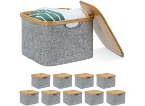 4052025438944 - Relaxdays - 10 x Aufbewahrungskorb Stoff Bambus Aufbewahrungsbox mit Deckel Regalkorb h x b x t 25 x 33 x 33 cm Stoffbox grau