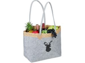 4052025442026 - Filztasche 35 l Einkaufstasche & Kaminholzkorb faltbar Hirschmotiv mit Henkeln Einkaufskorb Filz grau - Relaxdays