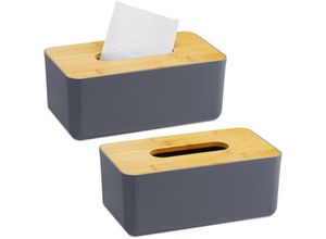 4052025443351 - Relaxdays - 2 x Taschentuchbox nachfüllbar Badezimmer Tücherbox mit Bambus-Deckel Kunststoff HxBxT 10x23x13 cm grau natur