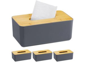 4052025443368 - Relaxdays - 4 x Taschentuchbox nachfüllbar Badezimmer Tücherbox mit Bambus-Deckel Kunststoff HxBxT 10x23x13 cm grau natur