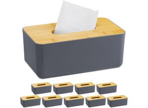 4052025443375 - Relaxdays - 10 x Taschentuchbox nachfüllbar Badezimmer Tücherbox mit Bambus-Deckel Kunststoff HxBxT 10x23x13 cm grau natur