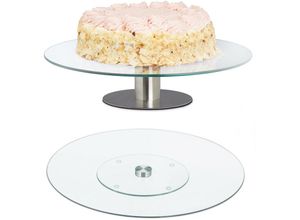 4052025445492 - Relaxdays - Tortenplatte 2er Set mit & ohne Fuß 360° drehbar ∅ 30 cm runde Kuchenplatte Glas transparent silber