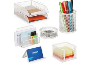 4052025445768 - Relaxdays - Schreibtisch Organizer Set 7-tlg Metall Ablagefächer Zettelbox Brief- Büroklammer- & Stiftehalter weiß