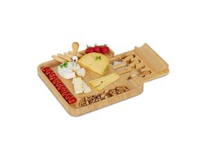 4052025446994 - Käsebrett mit Käsemesser Set hbt 4 x 33 x 33 cm Bambus Käseplatte mit Schublade 4-tlg Käsebesteck natur - Relaxdays