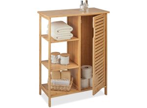 4052025447137 - Badschrank Bambus 3 offene Ablagen & Schrankfach hbt 875 x 67 x 33 cm stehendes Badregal mit Tür natur - Relaxdays