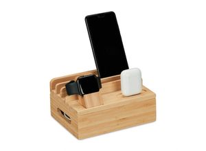 4052025447342 - Relaxdays - Ladestation für Apple Watch Bambus HxBxT 11 x 17 x 13 cm Handystation Tablethalter Uhrenständer natur