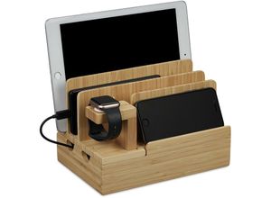 4052025447366 - Relaxdays - Ladestation für Apple Watch Bambus HxBxT 15 x 215 x 15 cm Handystation Tablethalter Uhrenständer natur