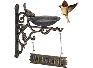 4052025449230 - Relaxdays - Vogeltränke Gusseisen hbt 265 x 14 x 225 cm Vogelbad mit Welcome-Schild wetterfest Gartendeko bronze