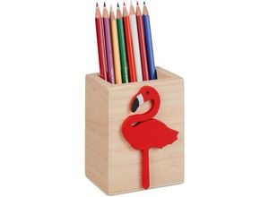 4052025450021 - Stiftehalter Flamingo Holz HxBxT 10 x 8 x 6 cm Kinder Stiftebox für Schreibtisch Pinselhalter natur rot - Relaxdays