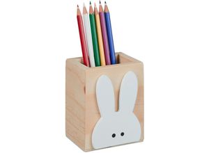 4052025450038 - Stiftehalter Hase Holz HxBxT 10 x 8 x 6 cm Kinder Stiftebecher für Schreibtisch Pinselhalter natur weiß - Relaxdays