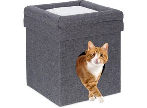 4052025450724 - Relaxdays - Sitzhocker mit Katzenhöhle faltbar HxBxT 43x39x39 cm Kissen Deckel kuscheliges Katzenbett grau weiß