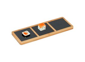 4052025451677 - Servierbrett mit Schieferplatten hbt 15x34x12 cm Sushi Käse Wurst Servierplatte Bambus natur anthrazit - Relaxdays