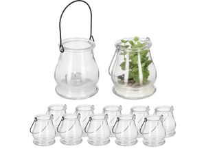 4052025451943 - Relaxdays Windlicht 12er Set Glas silberne & schwarze Henkel innen & außen Teelichthalter 10 x 85 cm transparent