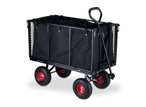 4052025454616 - Relaxdays Handwagen großer Bollerwagen klappbare Seitenteile herausnehmbare Plane mit Griffen 500 kg schwarz-rot