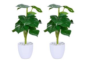 4052025455583 - Relaxdays - Kunstpflanze Monstera 2er Set künstliche Pflanzen im Topf Plastikpflanzen h x d 33 x 20 cm grün weiß