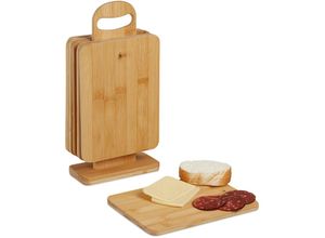 4052025456696 - Relaxdays Frühstücksbrettchen mit Ständer 6er Set kleine Schneidebretter Bambus 22 x 16 cm Brotzeitbretter natur