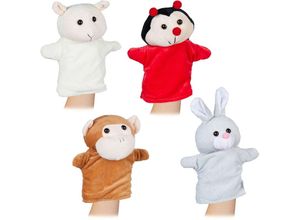 4052025457778 - Handpuppen für Kinder 4er Set Affe Hase Marienkäfer Schaf Handspielpuppen weicher Plüschstoff bunt - Relaxdays