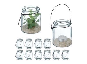 4052025458072 - Relaxdays - Windlicht Glas 12er Set Teelichthalter mit Henkel HxD 95 x 8 cm runde Kerzengläser transparent schwarz