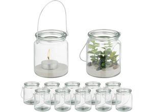 4052025458089 - Windlicht Glas 12er Set Teelichthalter mit Henkel HxD 95 x 8 cm runde Kerzengläser transparent silber - Relaxdays