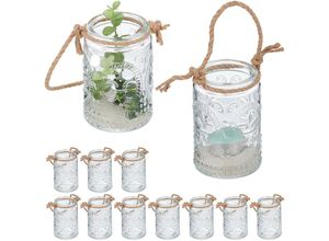 4052025458133 - Windlicht 12er Set Glas mit Henkel innen & außen 105 x 7 cm Hochzeit Teelichthalter transparent braun - Relaxdays