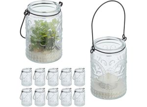 4052025458140 - Windlicht 12er Set Glas mit Henkel innen & außen 105 x 7 cm Hochzeit Teelichthalter transparent schwarz - Relaxdays