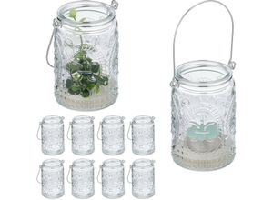 4052025458157 - Windlicht 12er Set Glas mit Henkel innen & außen 105 x 7 cm Hochzeit Teelichthalter transparent silber - Relaxdays