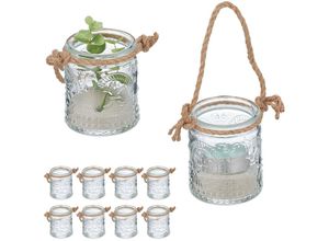 4052025458171 - Windlicht 12er Set Glas mit Henkel 7 x 6 cm innen & außen Hochzeit Teelichthalter transparent  natur - Relaxdays