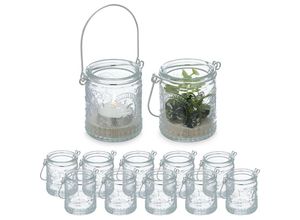 4052025458218 - Windlicht 12er Set Glas mit Henkel 7 x 6 cm innen & außen Hochzeit Teelichthalter transparent  silber - Relaxdays