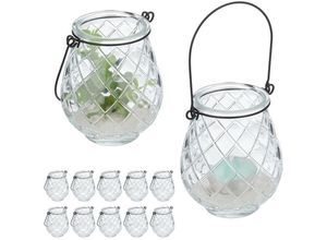 4052025458232 - Relaxdays - Windlicht 12er Set Glas mit Henkel HxD 10 x 85 cm innen & außen Teelichthalter transparent  schwarz