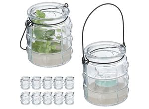 4052025458256 - Relaxdays Windlicht 12er Set Glas mit Henkel innen & außen runde Teelichthalter HD 9 x 75 cm transparent schwarz