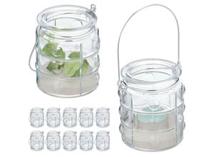 4052025458287 - Windlicht 12er Set Glas mit Henkel innen & außen runde Teelichthalter hd 9 x 75 cm transparent silber - Relaxdays