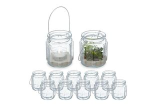 4052025458331 - Windlicht 12er Set Glas mit Henkel innen & außen Deko Teelichthalter HxD 9 x 85 cm transparent silber - Relaxdays