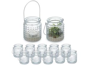 4052025458362 - Windlicht 12er Set Glas mit Henkel innen & außen Deko Teelichthalter HxD 9 x 8 cm transparent silber - Relaxdays