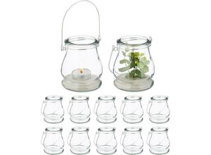 4052025458386 - Windlicht 12er Set Glas mit Henkel innen & außen Teelichthalter h x d 10 x 85 cm transparent silber - Relaxdays