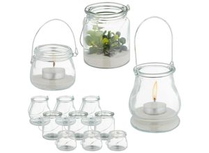 4052025458409 - Relaxdays Windlicht Glas 12er Set Teelichthalter mit silbernem Henkel 3 versch Größen Kerzenglas rund transparent