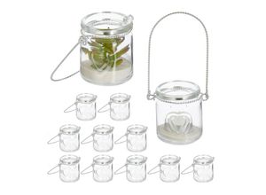 4052025458485 - Windlicht 12er Set Glas mit Henkel innen & außen HxD 7x6 cm Teelichthalter Hochzeit transparent silber - Relaxdays